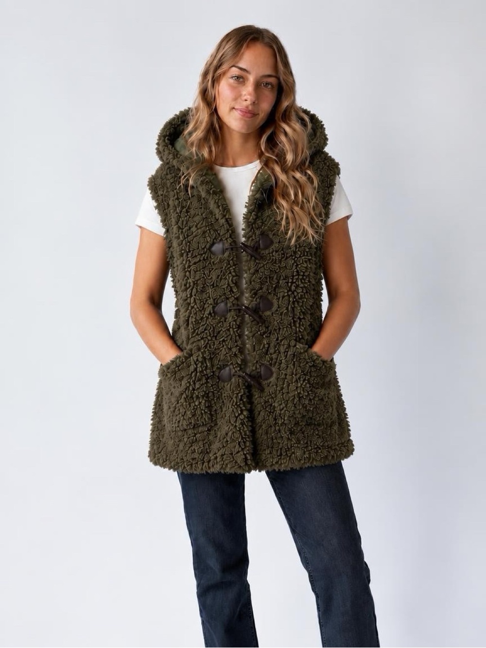 Pretty Angel Olive Green Faux Shearling Toggle Jacket
